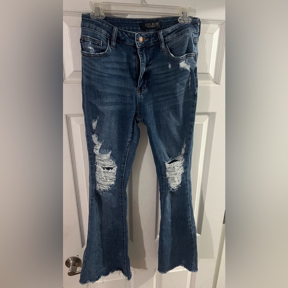 Judy Blue Distressed Flare Jeans - Dark Blue